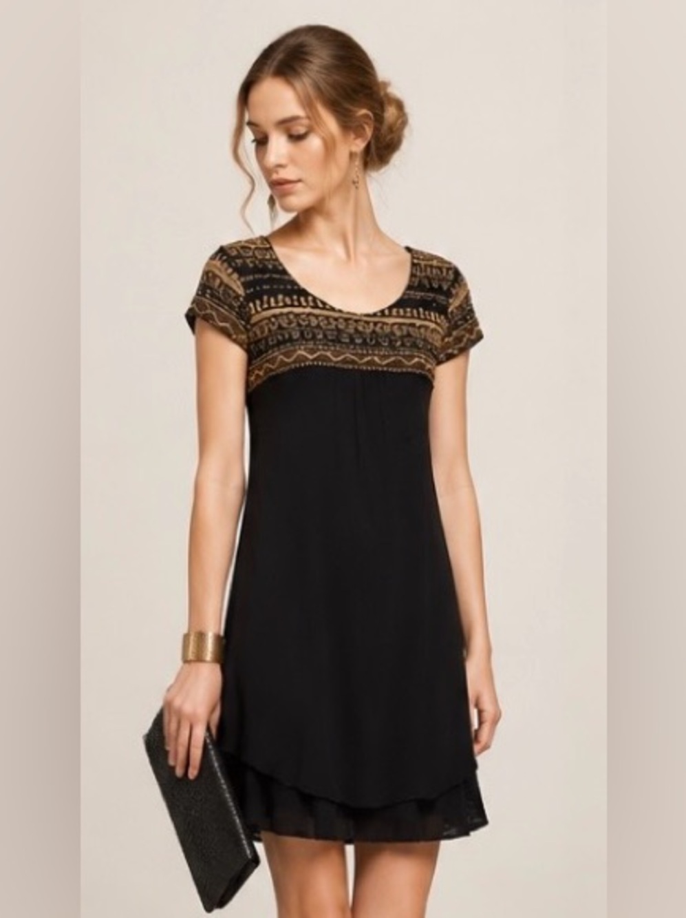 FREE PEOPLE Dress Knit Sweater Boho Beaded Layered Cap Sleeve Mini Tiered
